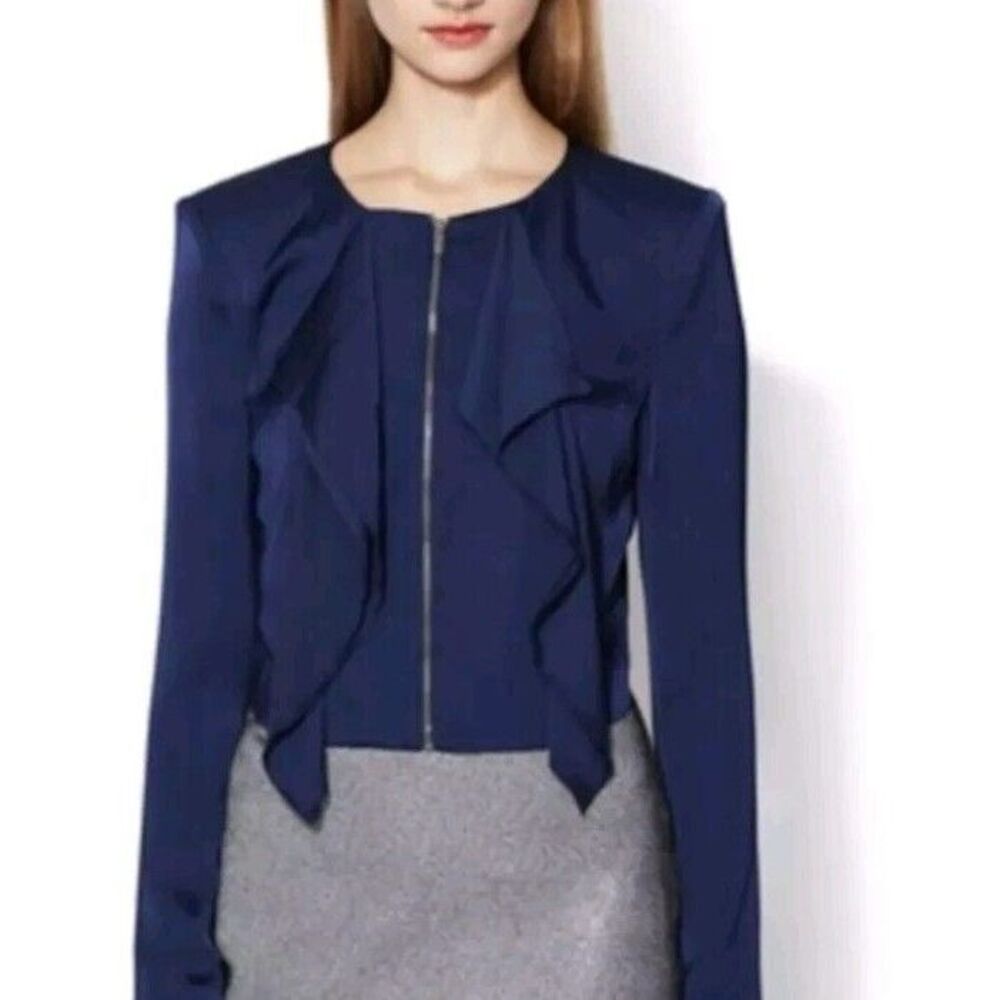 BCBGMaxAzria Preston Blazer Zip-Up Ruffle Jacket Poppy Size Medium Women's Blue